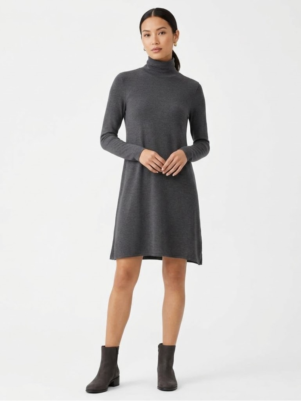 Kit and Ace Turtleneck Long-Sleeve Knit Dress - Charcoal Gray